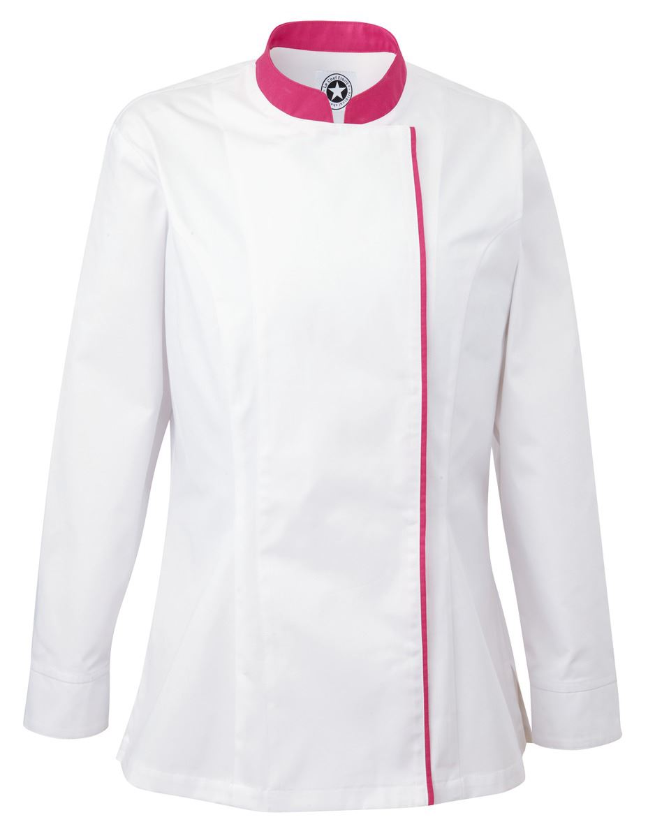 Veste de cuisine femme blanc et fushia manches longues T.S