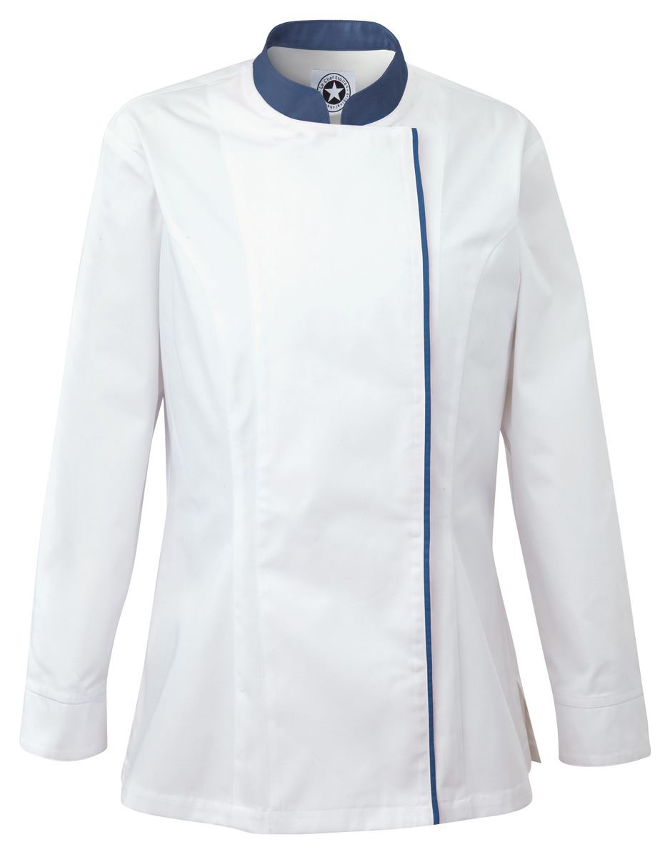 Veste de cuisine femme blanc et bleu manches longues T.S