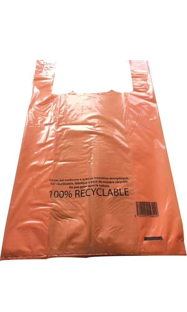 Sac plastique à bretelle recyclable orange 27 x 47 cm (vendu par 500)