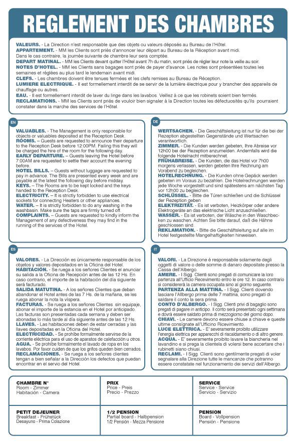 Pancarte Règlement des chambres multilangues 20 x 30 cm