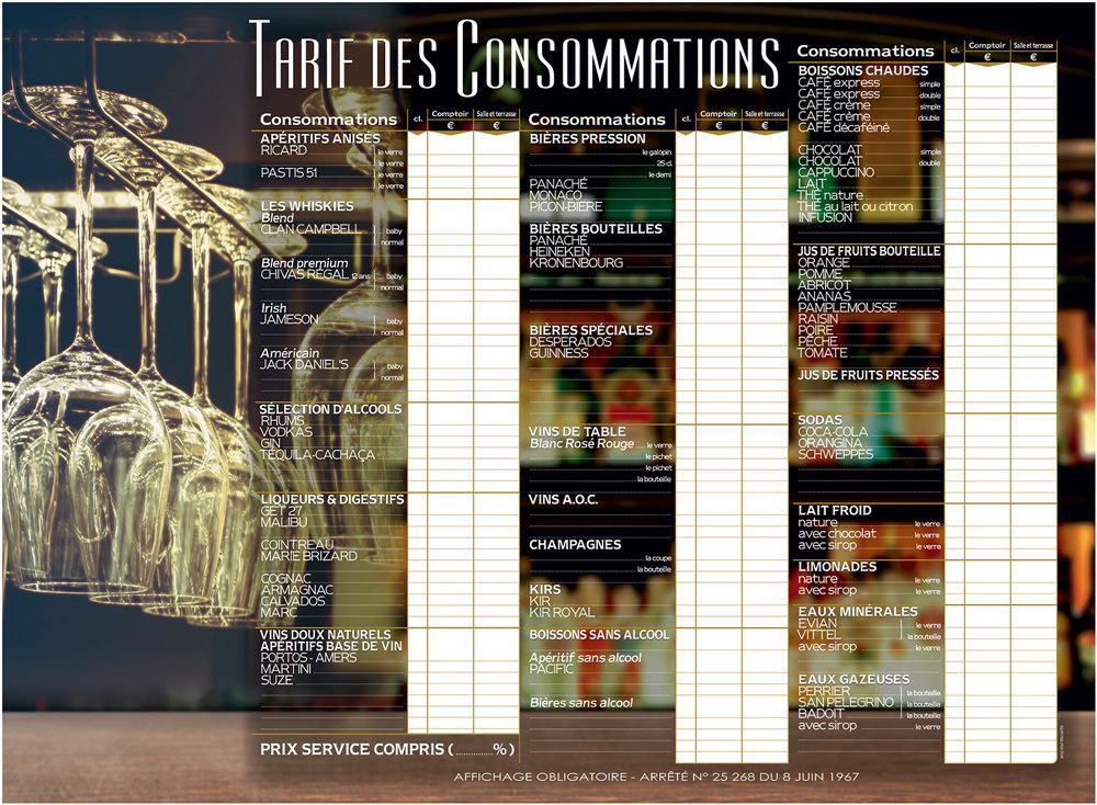 Pancarte Tarif consommation comptoir 44 x 60 cm