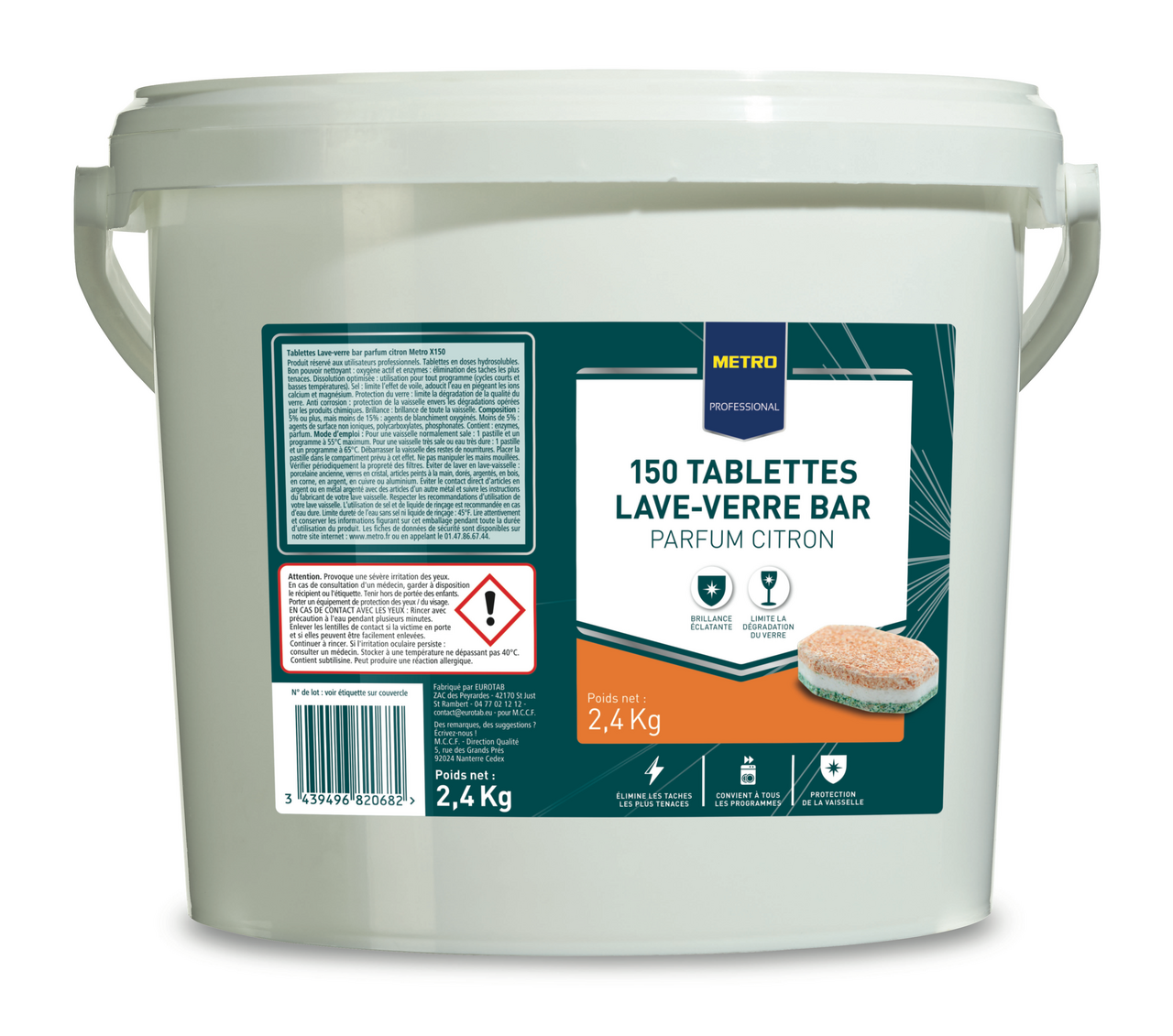 METRO PROFESSIONAL Pastille lave-verre spécial bar citron x 150 soit 2.7 kg