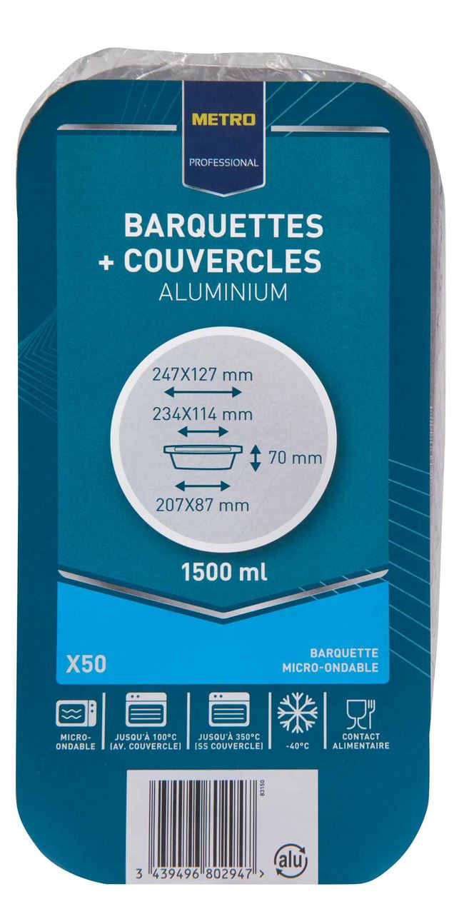 Barquette jetable aluminium +couvercle 1500 CC (vendu par 50)