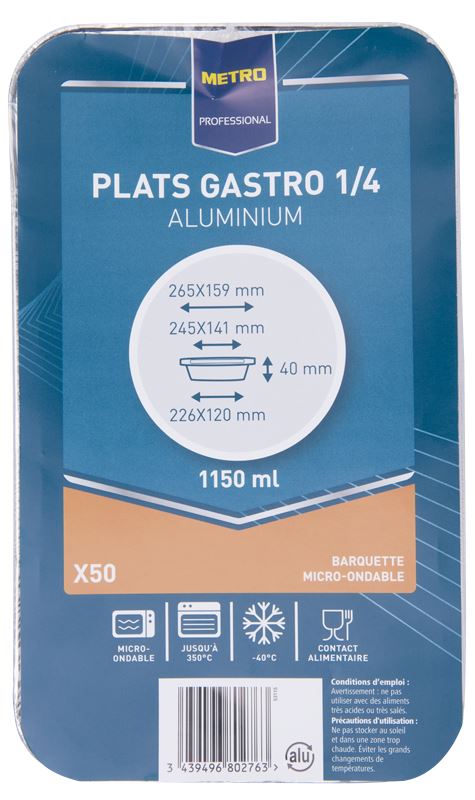 Plat en aluminium 1/4 gastronormes 15.9 x 26.5 x 4 cm (vendu par 50)