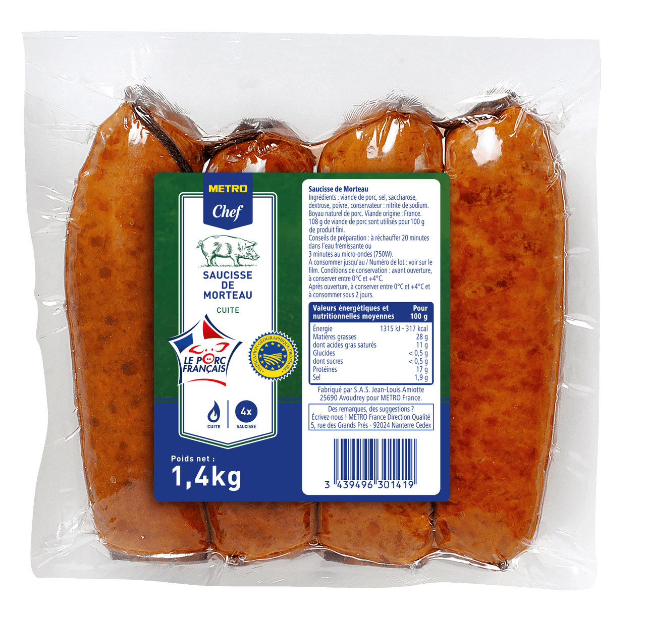 METRO Chef Saucisse de Morteau cuite 4 x 350 g