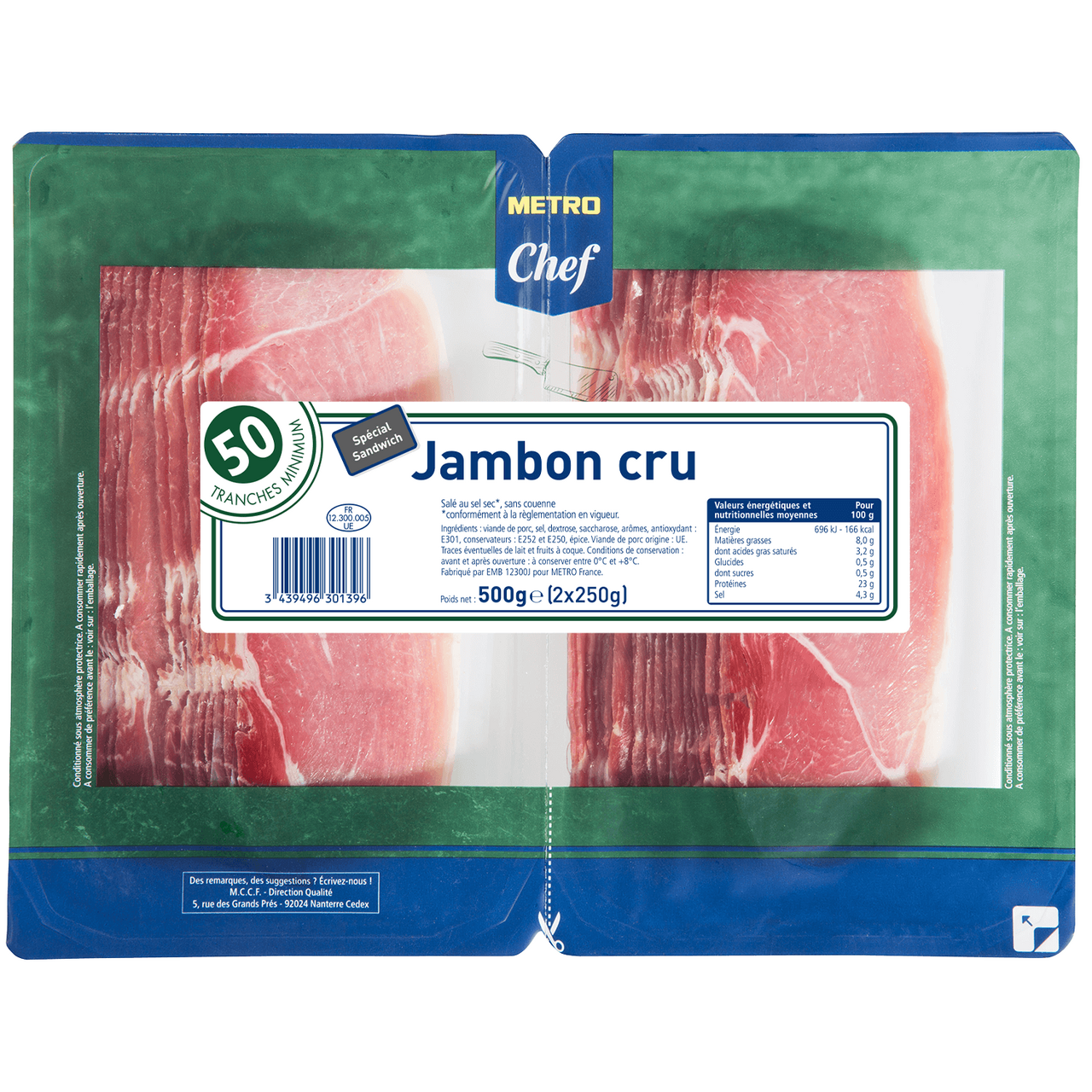 METRO Chef Jambon cru pour sandwich 50 tranches - 2 x 250 g