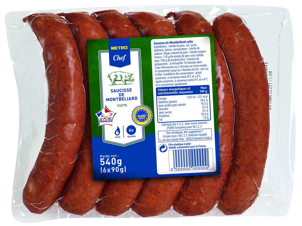 METRO Chef Saucisse de Montbéliard IGP cuite 6 x 90 g