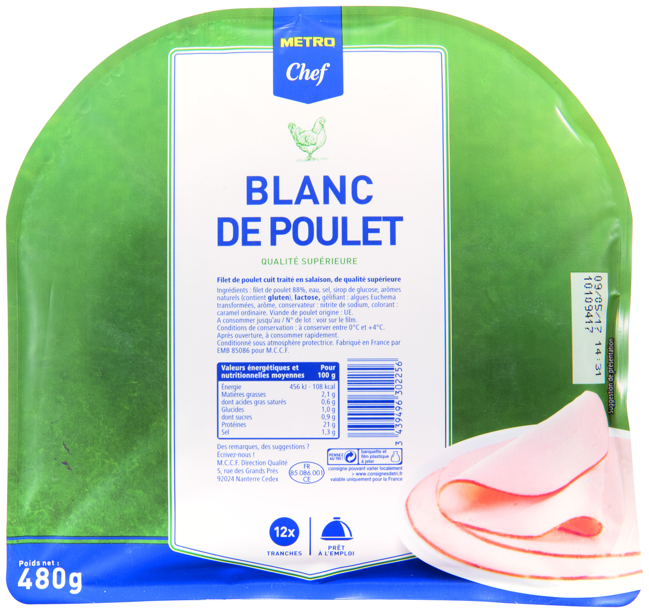 METRO Chef Blanc de poulet 12 tranches 480 g