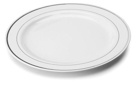 Assiette plastique jetable ronde blanc liseré argent 23 cm (vendu par 20)