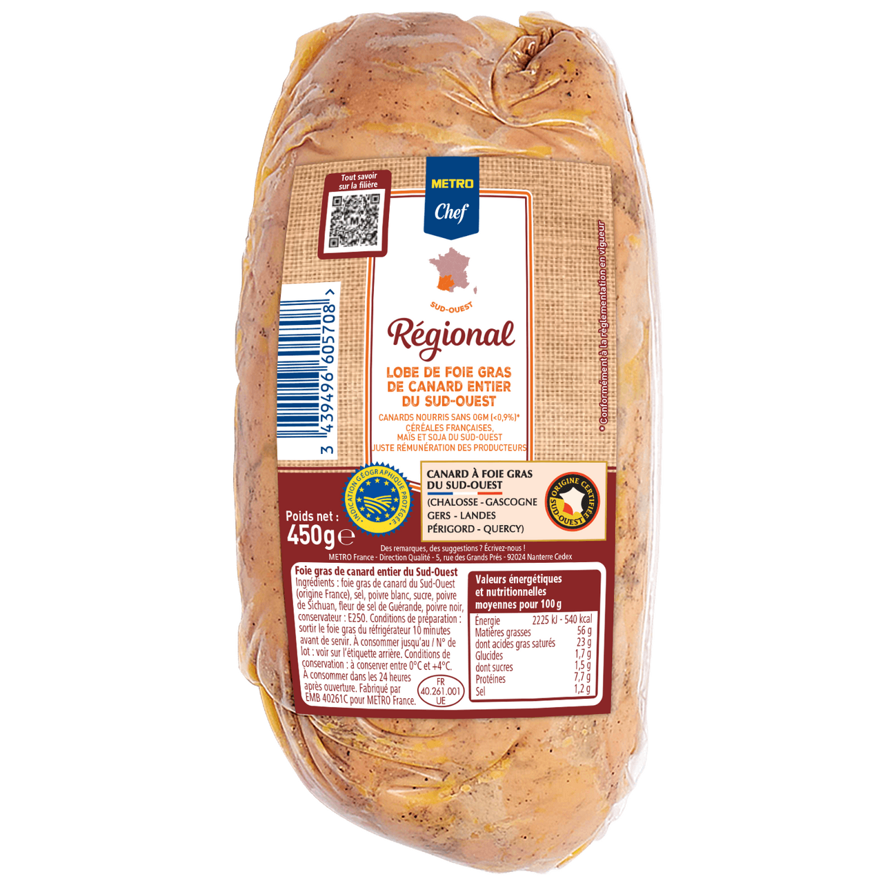 METRO Chef Lobe de foie gras de canard entier mi-cuit IGP 450 g