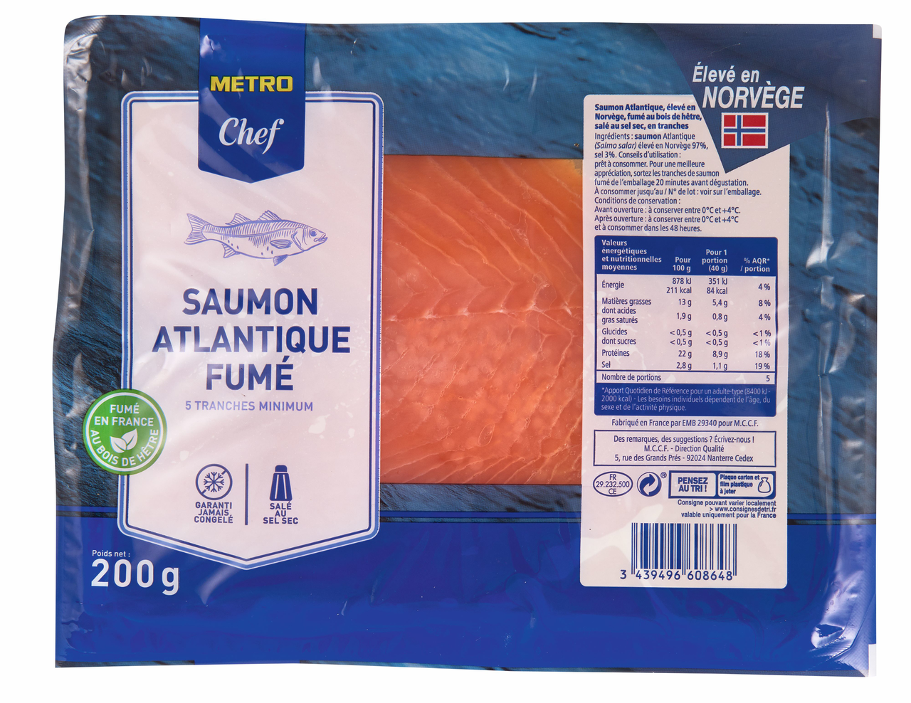 METRO Chef Saumon fumé 5 tranches Atlantique 200 g