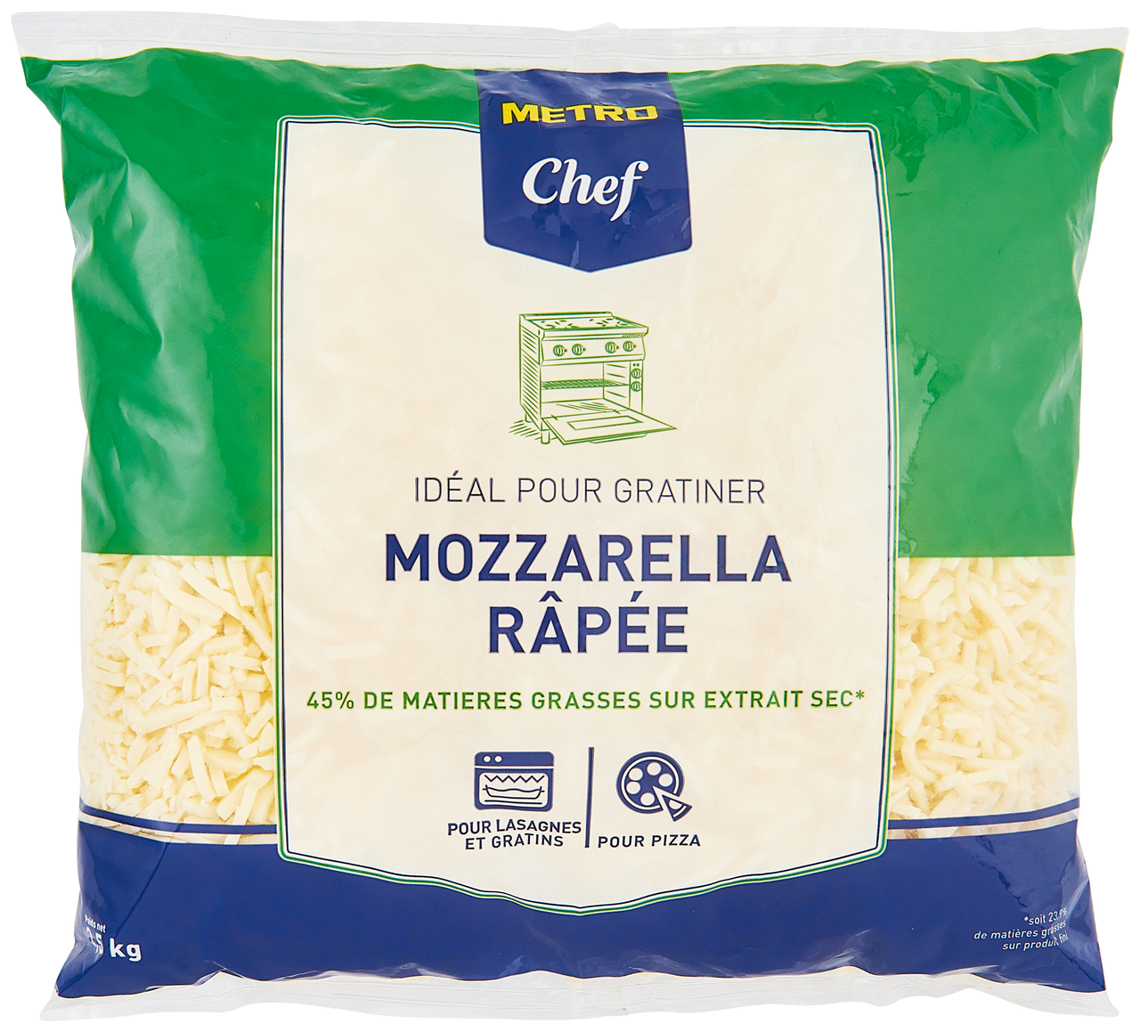 METRO Chef Mozzarella râpée 45% MG sachet 2.5 kg