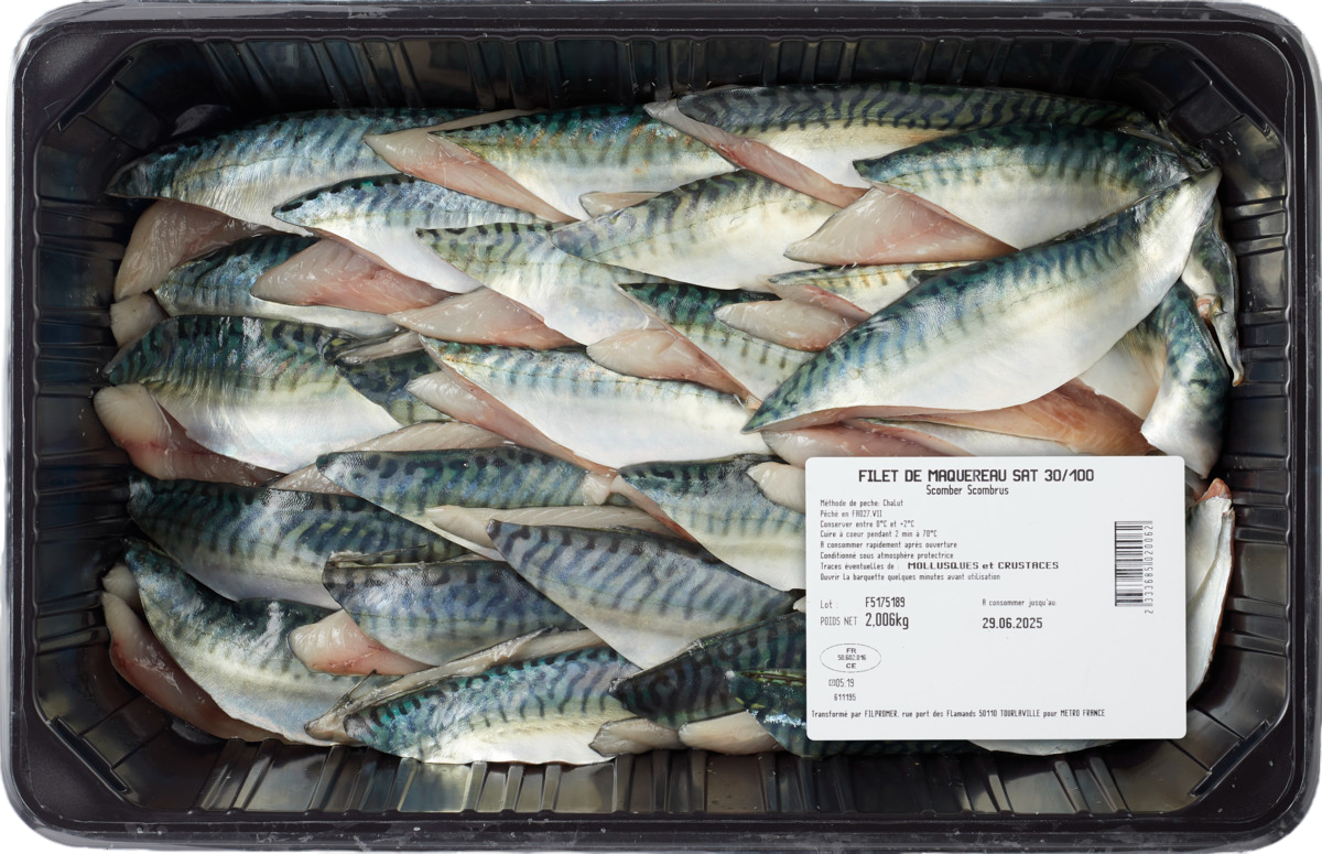 Filet de Maquereau calibre 30/+ sous atmosphère pêché en Atlantique Nord-Est barquette 2kg
