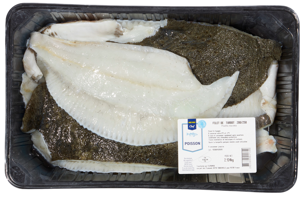 METRO Chef Filet de Turbot calibre 200/250 sous atmosphère élevage Espagne barquette 2 kg