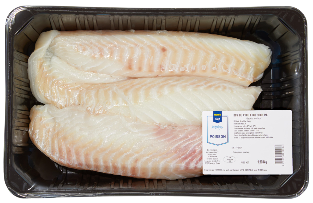 METRO Chef Dos de Cabillaud calibre 200/400 sous atmosphère pêché Atlantique Nord-Est barquette 2kg