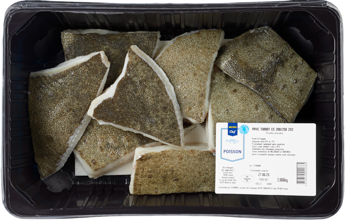 METRO Chef Pavé de Turbot calibre 200/250 sous atmosphère élevage Espagne barquette 2kg