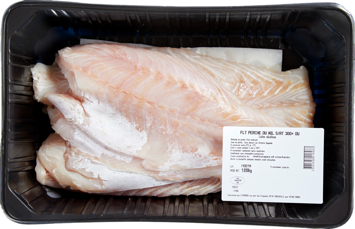 Filet de Perche du Nil calibre 300/+ sous atmosphère pêché en eau douce en Ouganda barquette 2 kg