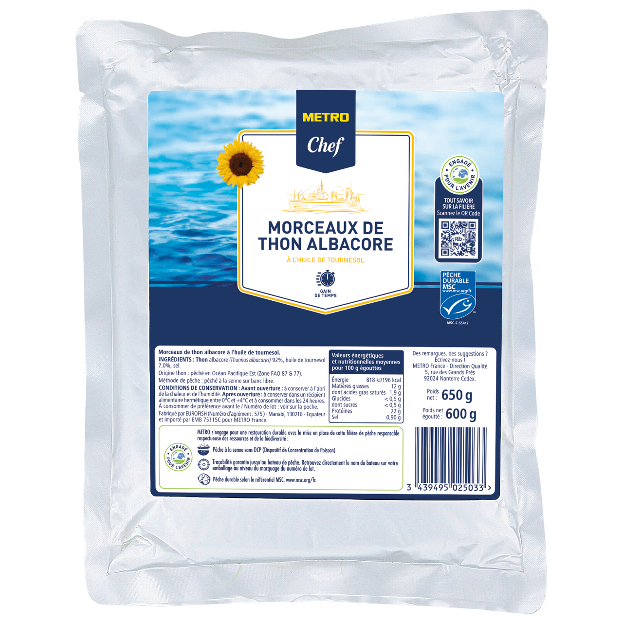 METRO Chef Morceaux de thon Albacore huile de tournesol poche 600 g