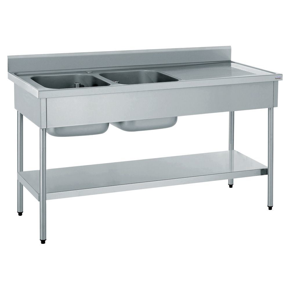 Plonge inox 2 bacs égouttoir à droite avec étagère inférieure fixe longueur 600 mm Tournus - 503627