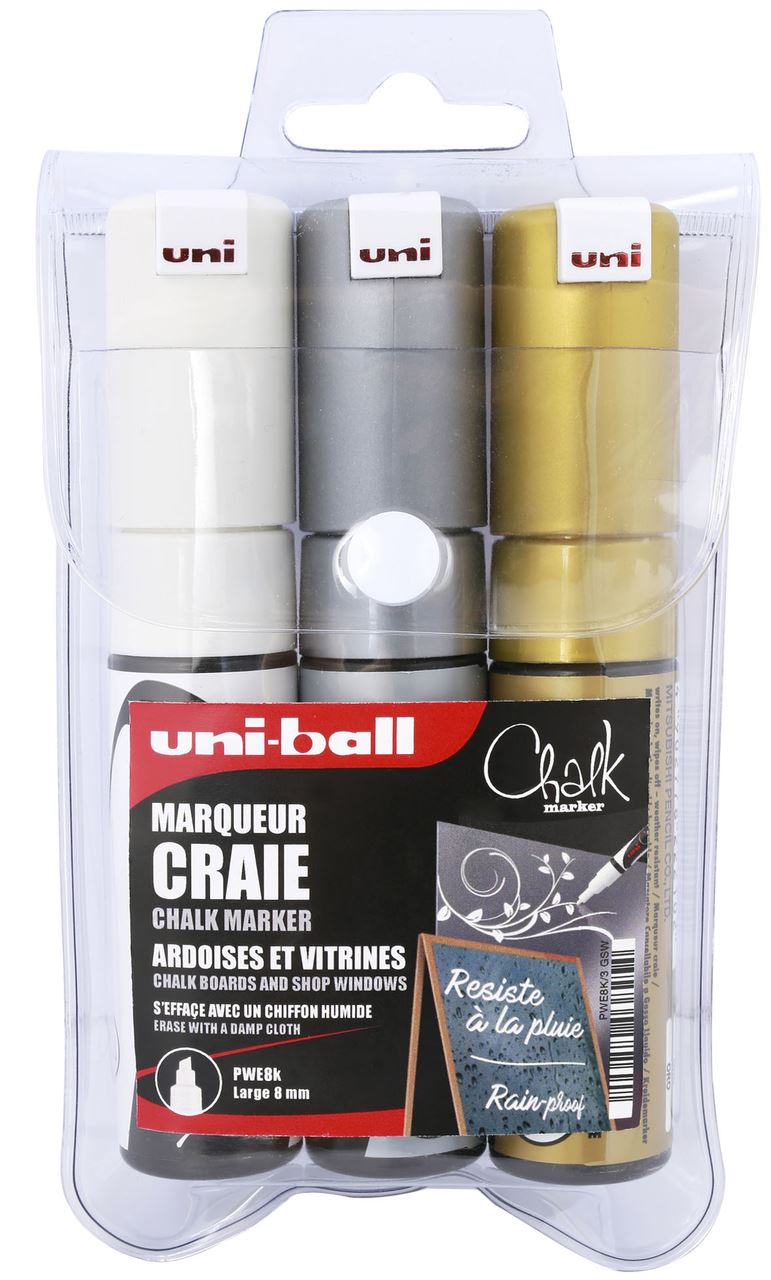 Marqueur craie pointe large coloris assortis x 3 Uni-Ball