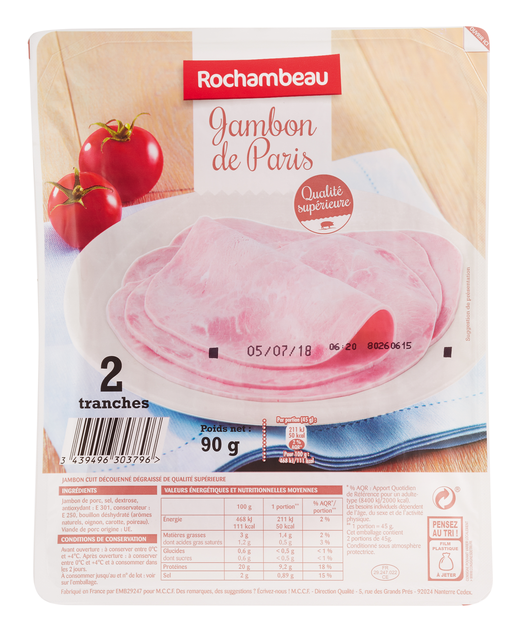 Rochambeau Jambon Paris Supérieur 2 tranches 90 g