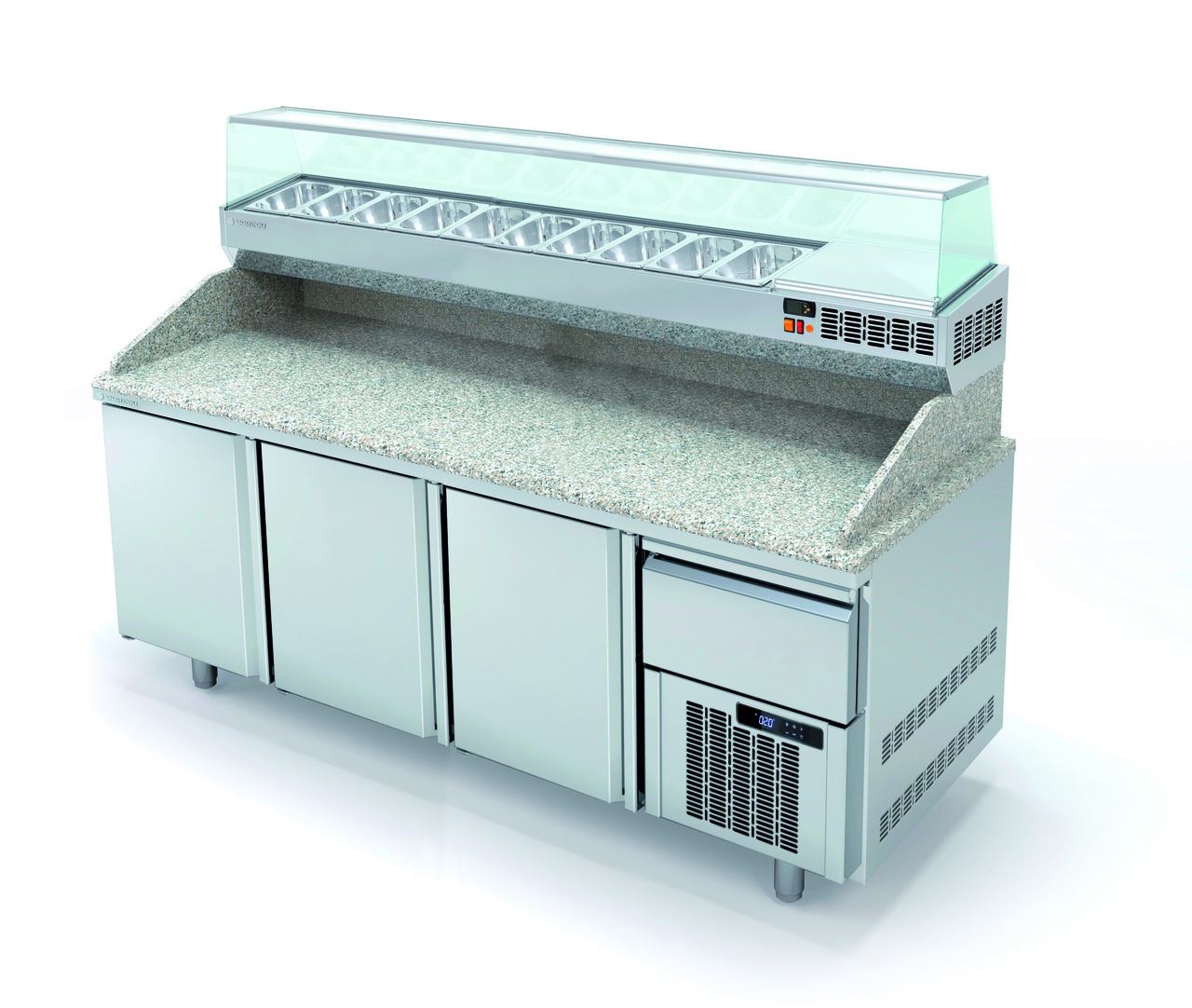 Table pizza positive 3 portes et 1 neutre à casiers 575L - Coreco - MR80-210 (vitrinette en option)