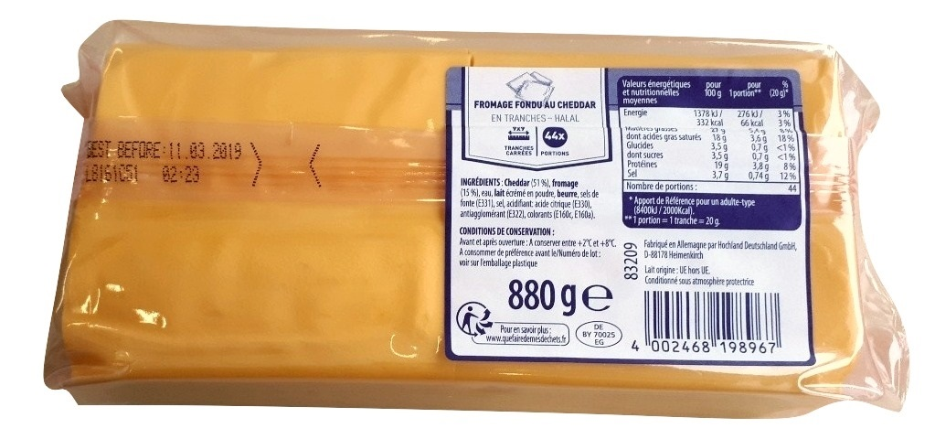 Fromage fondu au cheddar en tranches paquet 880 g