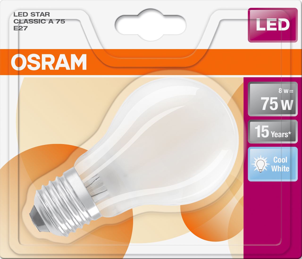 Ampoule LED dépolie forme classique blanc froid 8/75W E27 Osram
