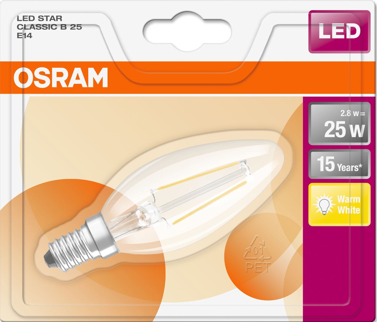 Ampoule LED dépolie forme flamme blanc chaud 2.8/25W E14 Osram