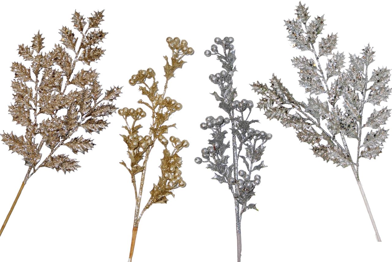 Branche de houx or argent x 4