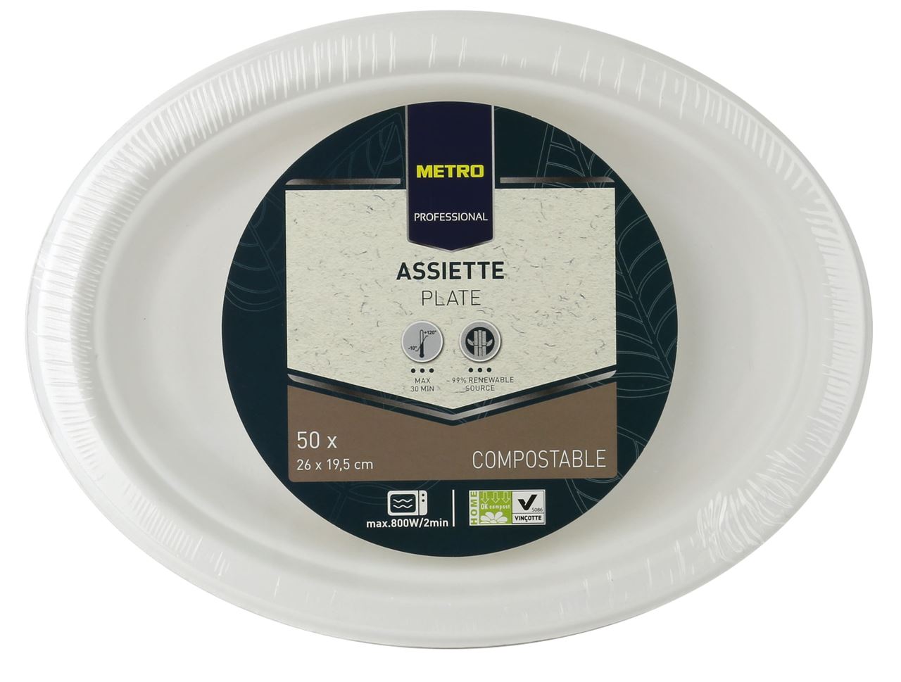 Assiette jetable ovale biodégradable blanc 26 x 19.5 cm x 50