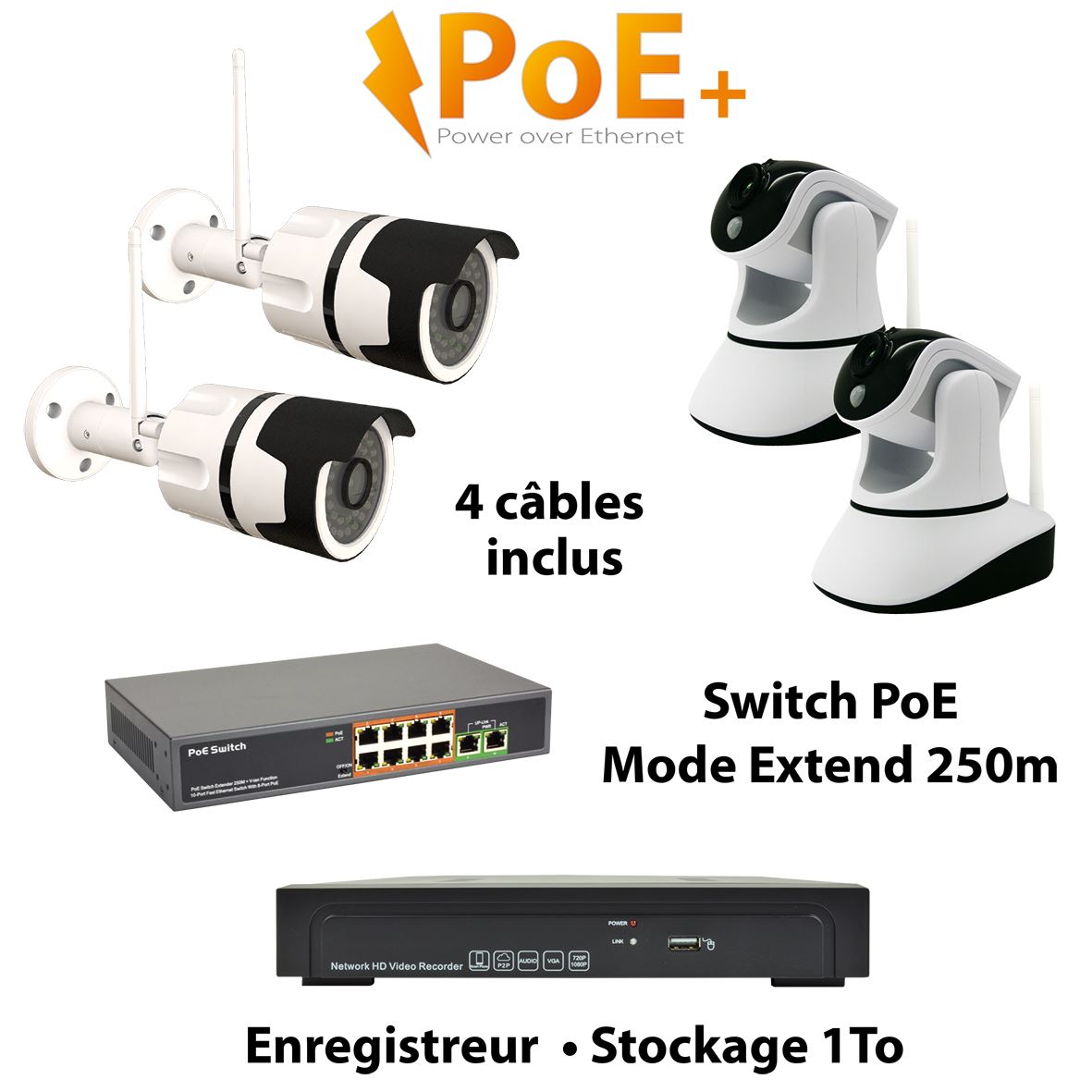 Kit vidéoprotection IP POE HD WIFI 4 caméras MCL