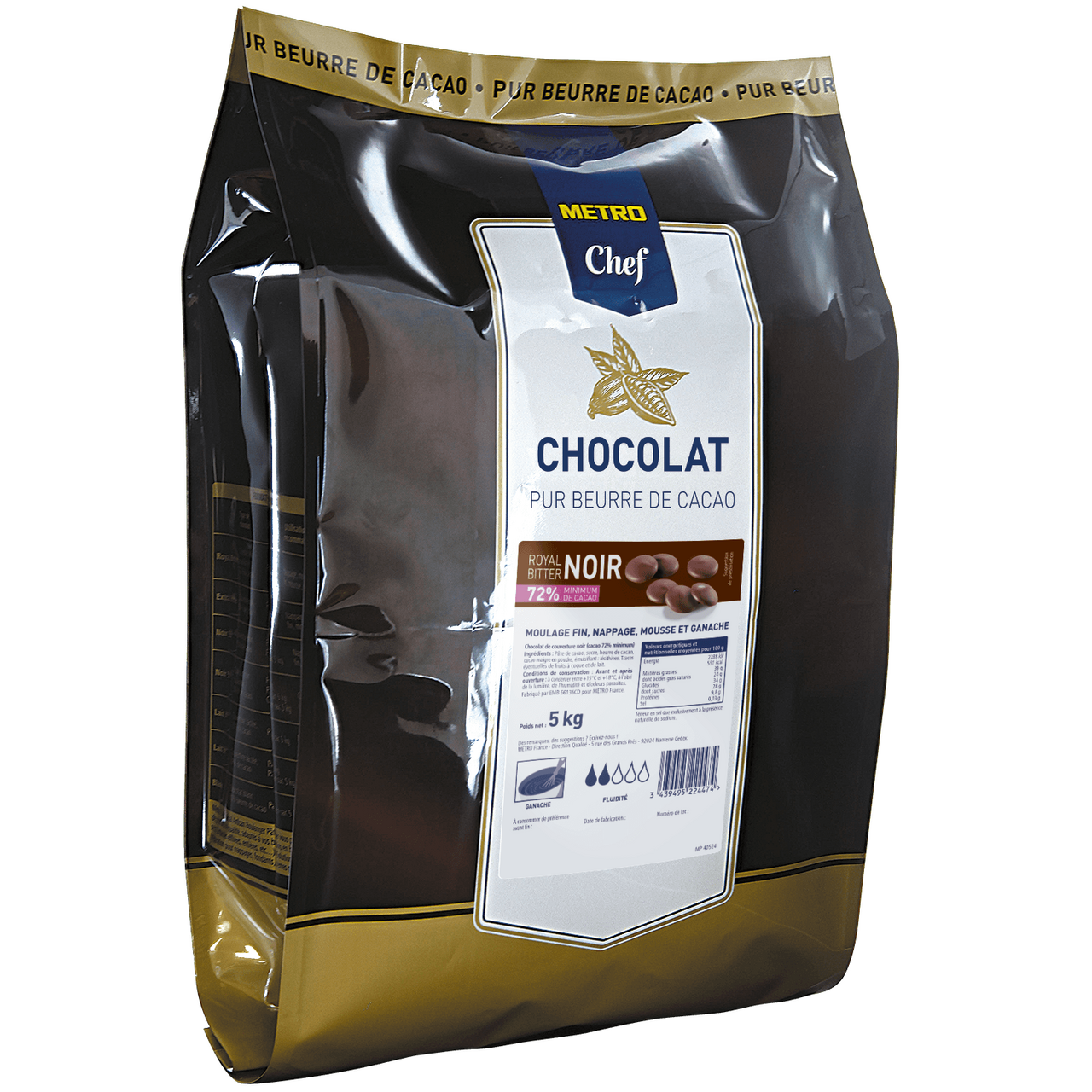 METRO Chef Chocolat noir de couverture royal bitter 72% cacao en palets sachet 5 kg