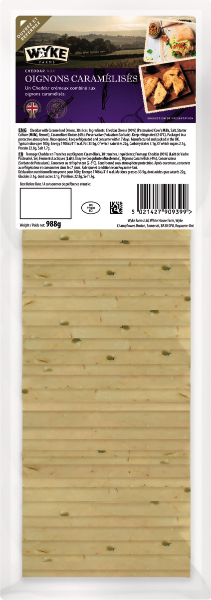 Wyke Farms Cheddar aux oignons carmélisés 38 tranches 9 x 9 cm barquette 988 g
