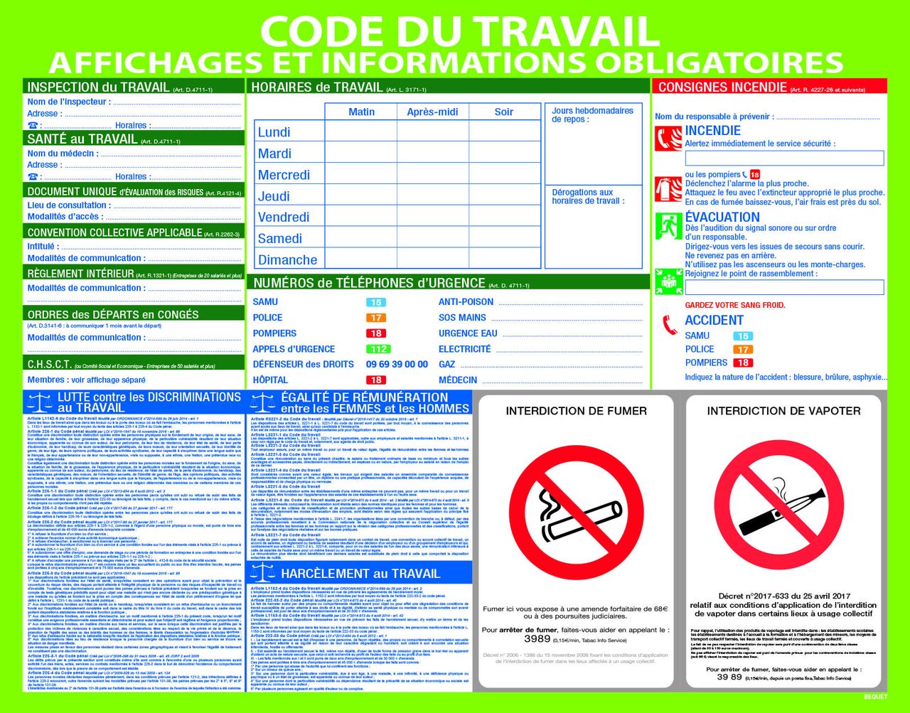 Pancarte affichage Code du Travail + 1 feutre sec plastique blanc 47 x 60 cm Bequet