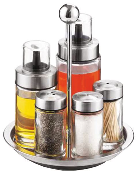 Ménagère sel poivre huile vinaigre cure-dents verre et inox Bobo In Situ - 061029