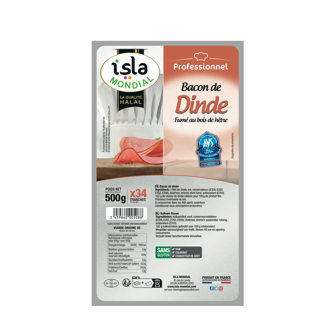 Isla Mondial Bacon de dinde halal 34 tranches 500 g