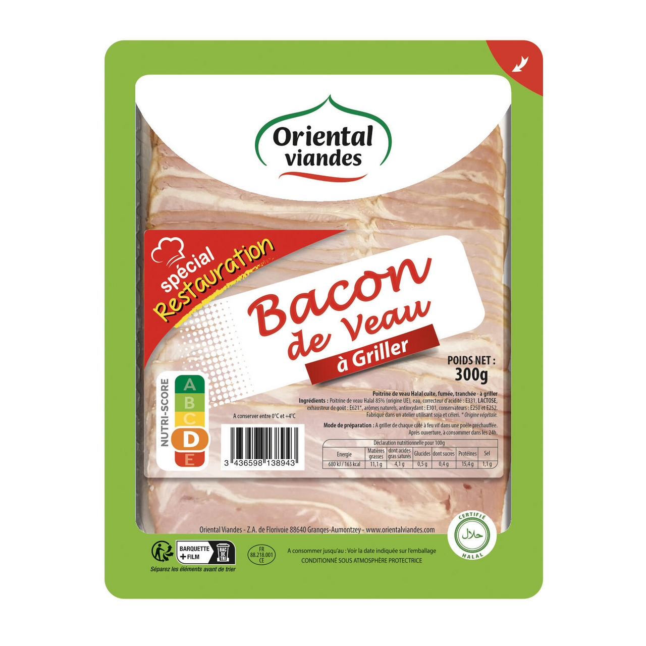 Oriental Viandes Poitrine de veau cuite fumée tranchée à griller halal 300 g