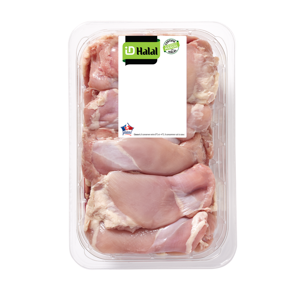 ID halal Haut de cuisse de poulet Halal VF barquette 2.5kg sans os sans peau sous atmosphère France