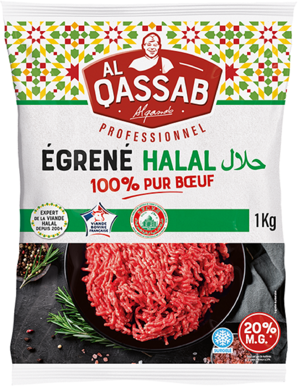 ALQASSAB Egrené de boeuf VBF halal 20% MG sachet 1 kg