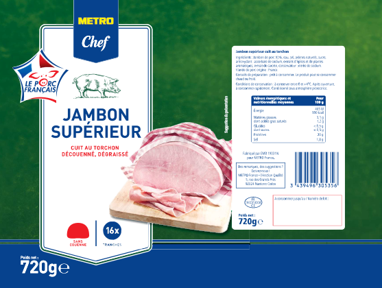 METRO Chef Jambon supérieur cuit au torchon VPF 16 tranches 720 g