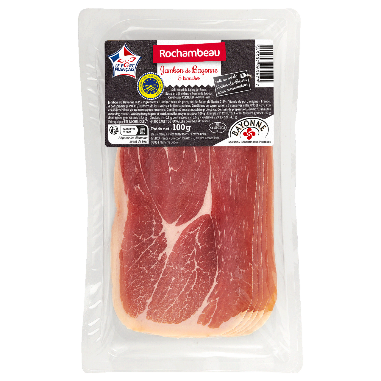 Rochambeau Jambon de Bayonne IGP 5 Tranches 100 g