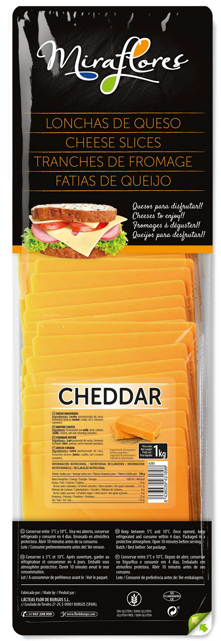 Miraflores Cheddar rouge tranches 9.5 x 9.5 barquette 1 kg