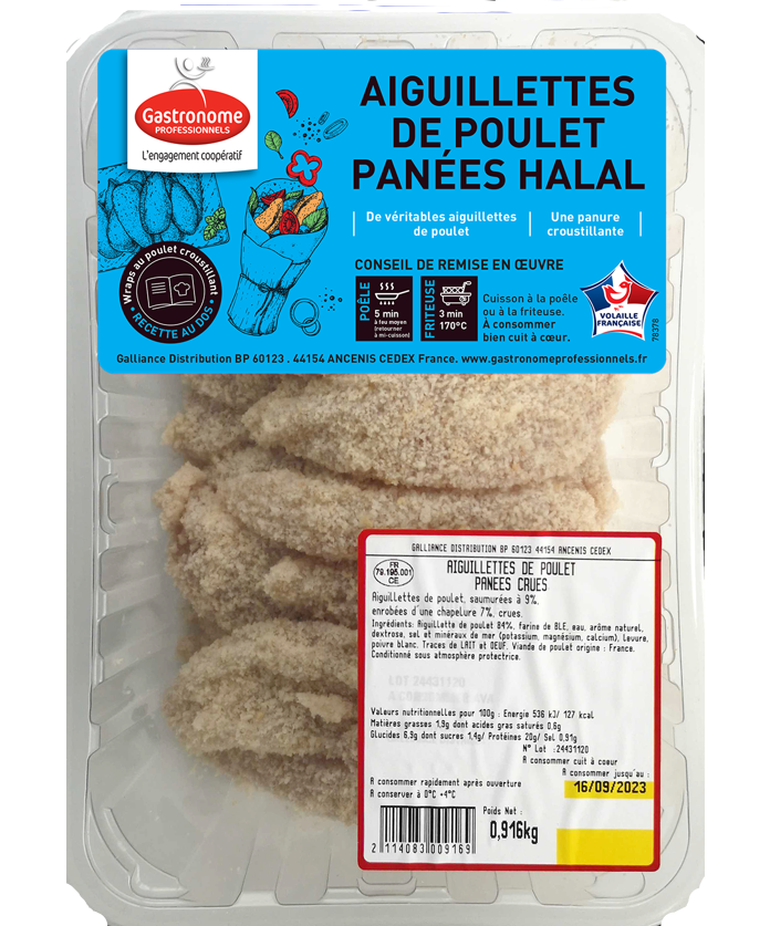 Gastronome Professionnels Aiguillettte de poulet pané cru halal VF sous atmosphère élaboré en France