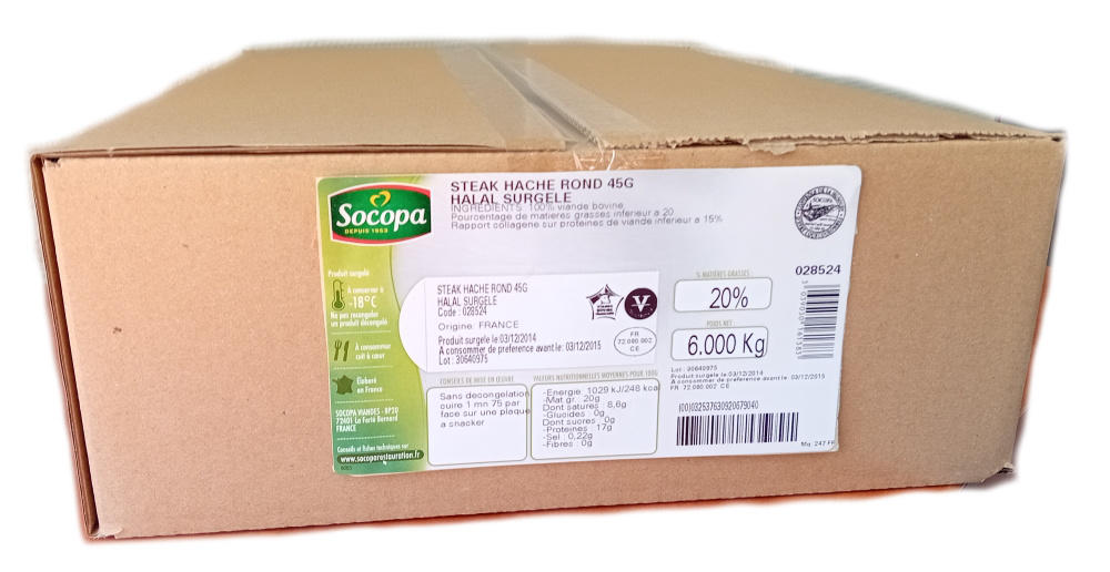 Socopa Steak haché rond VBF 20 % MG halal 45 g carton 6 kg