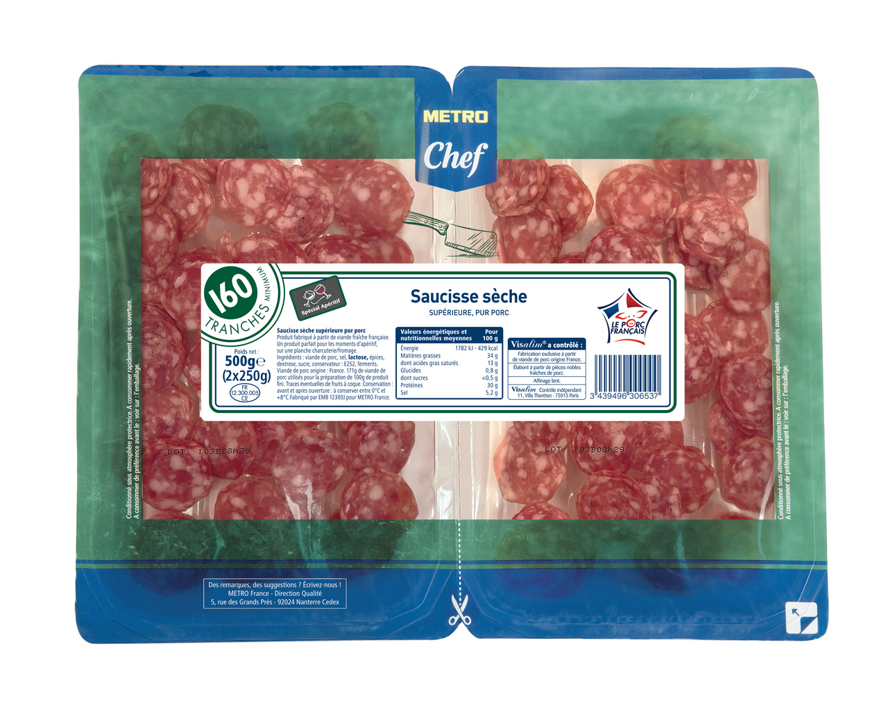 METRO Chef Saucisse sèche supérieure pur porc 2x250g 
