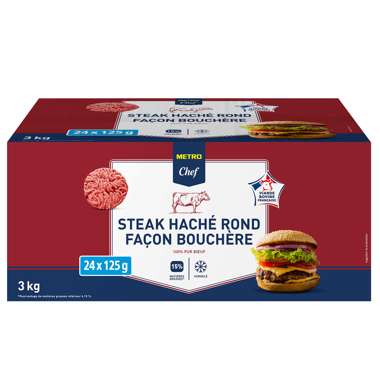 METRO Chef Steak haché rond façon bouchère VBF 15% MG 24 x 125 g soit 3 kg
