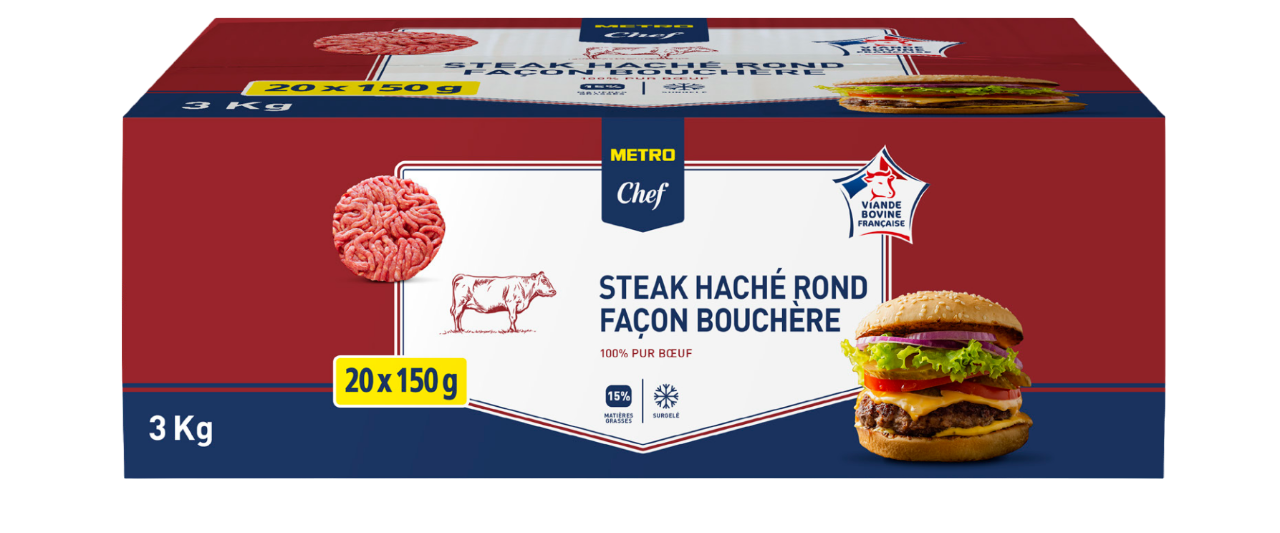 METRO Chef Steak haché rond façon bouchère VBF 15% MG 20 x 150 g soit 3 kg
