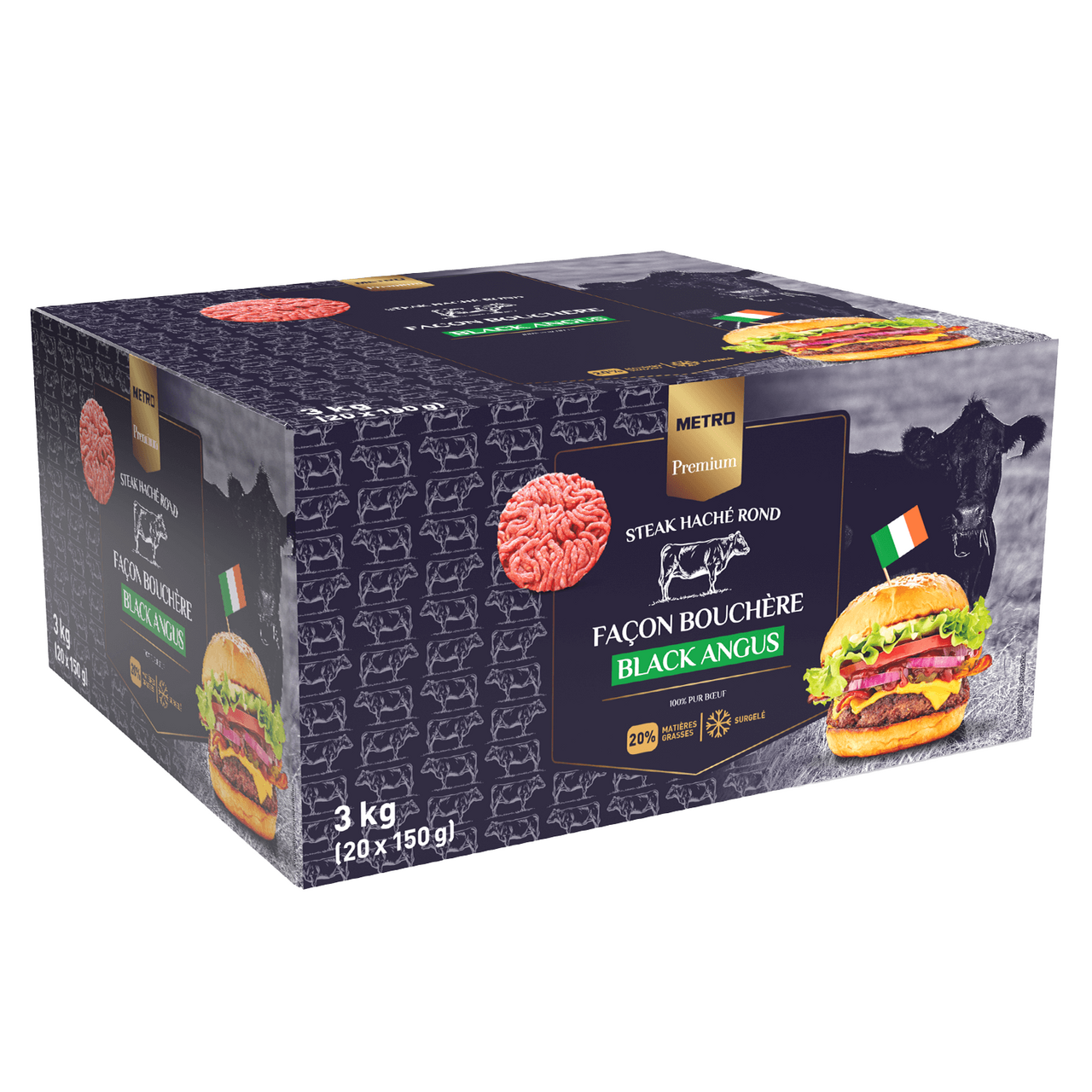 METRO Premium Steak haché rond façon bouchère Black Angus 20% MG 20 x 150 g boîte 3 kg