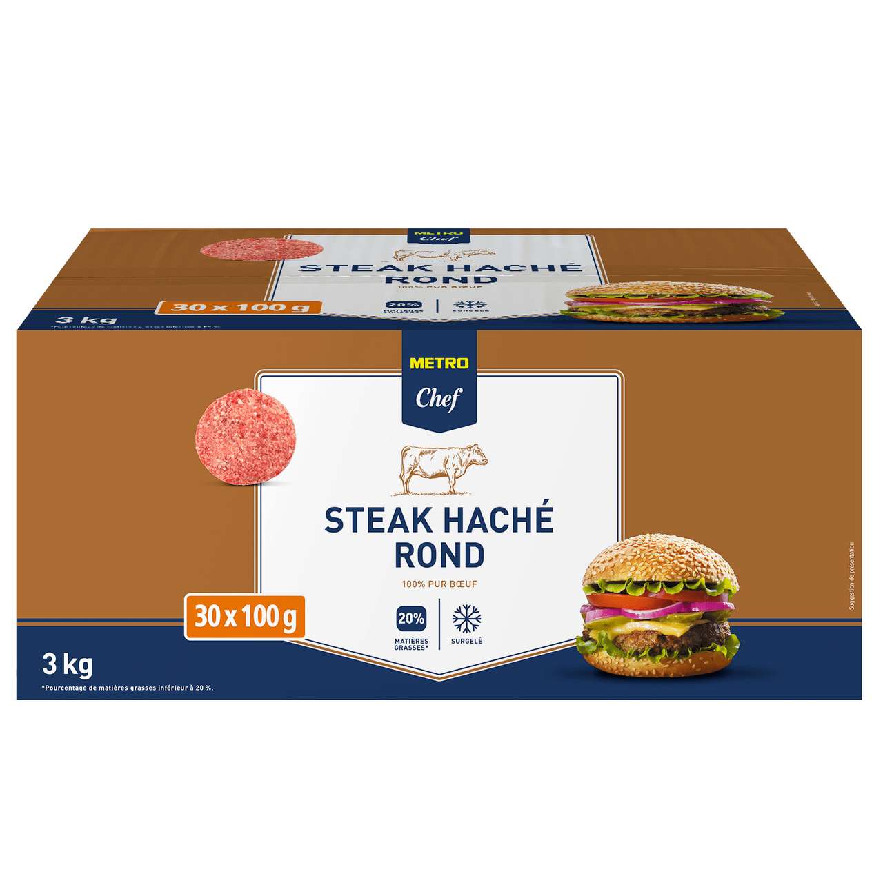 METRO Chef Steak haché pur bœuf rond 20% MG UE 30 x 100 g soit 3 kg